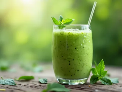 Fresh Green Smoothie With Mint Leaves On Wooden Table