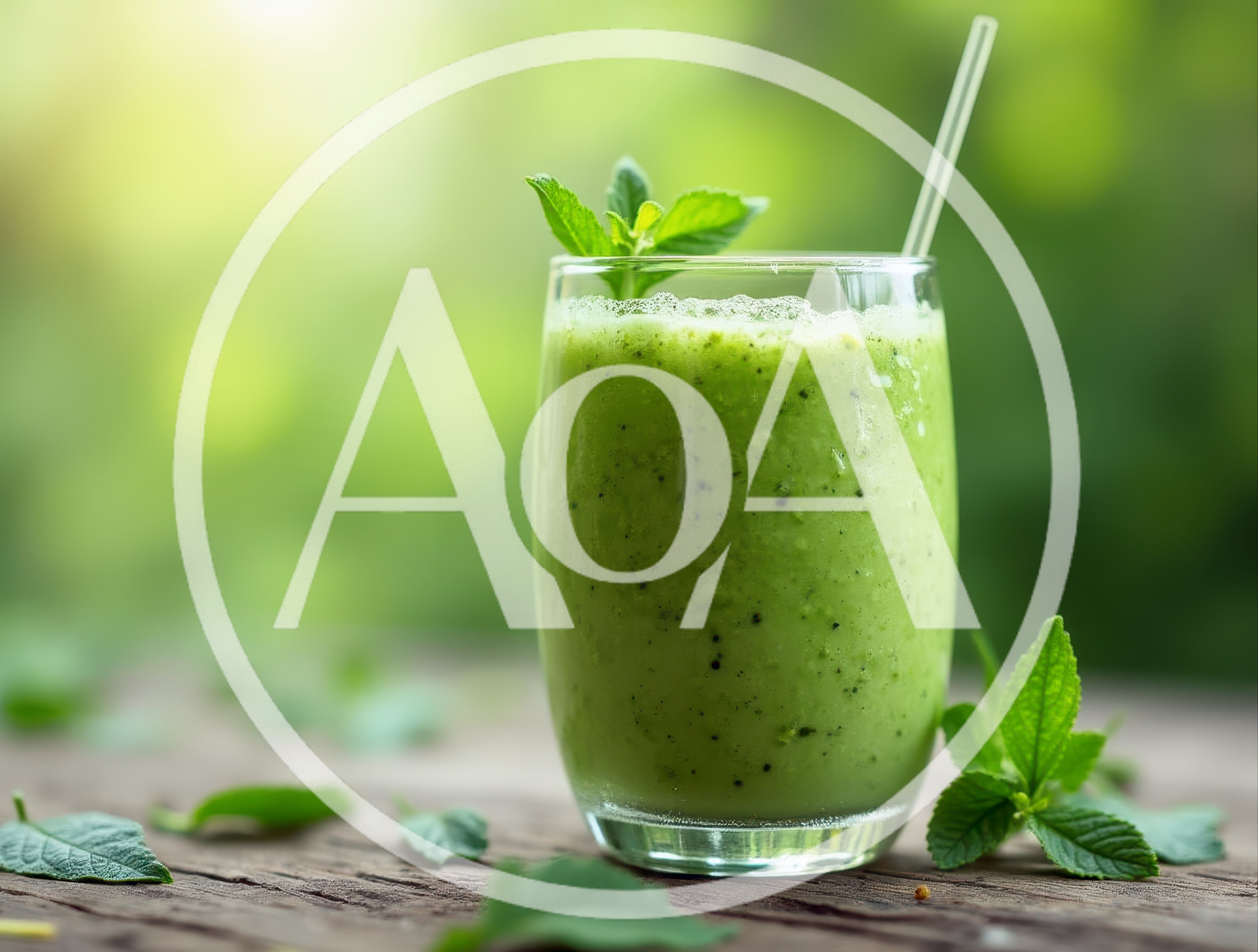 Fresh Green Smoothie With Mint Leaves On Wooden Table