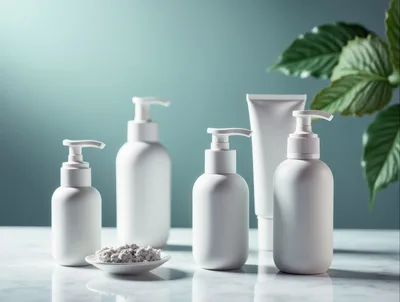 Minimalist Skincare Product Bottles On Marble Surface