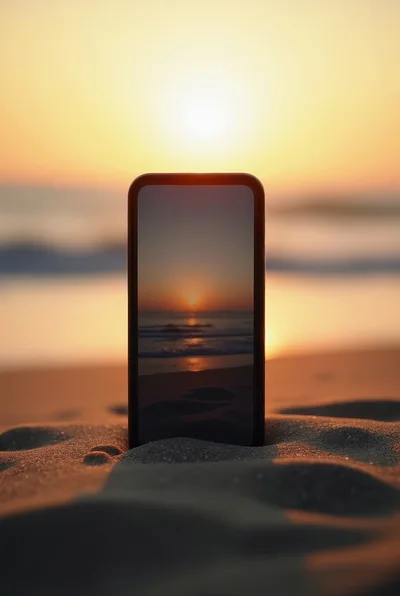 Smartphone Standing Upright On Sandy Beach At Sunset