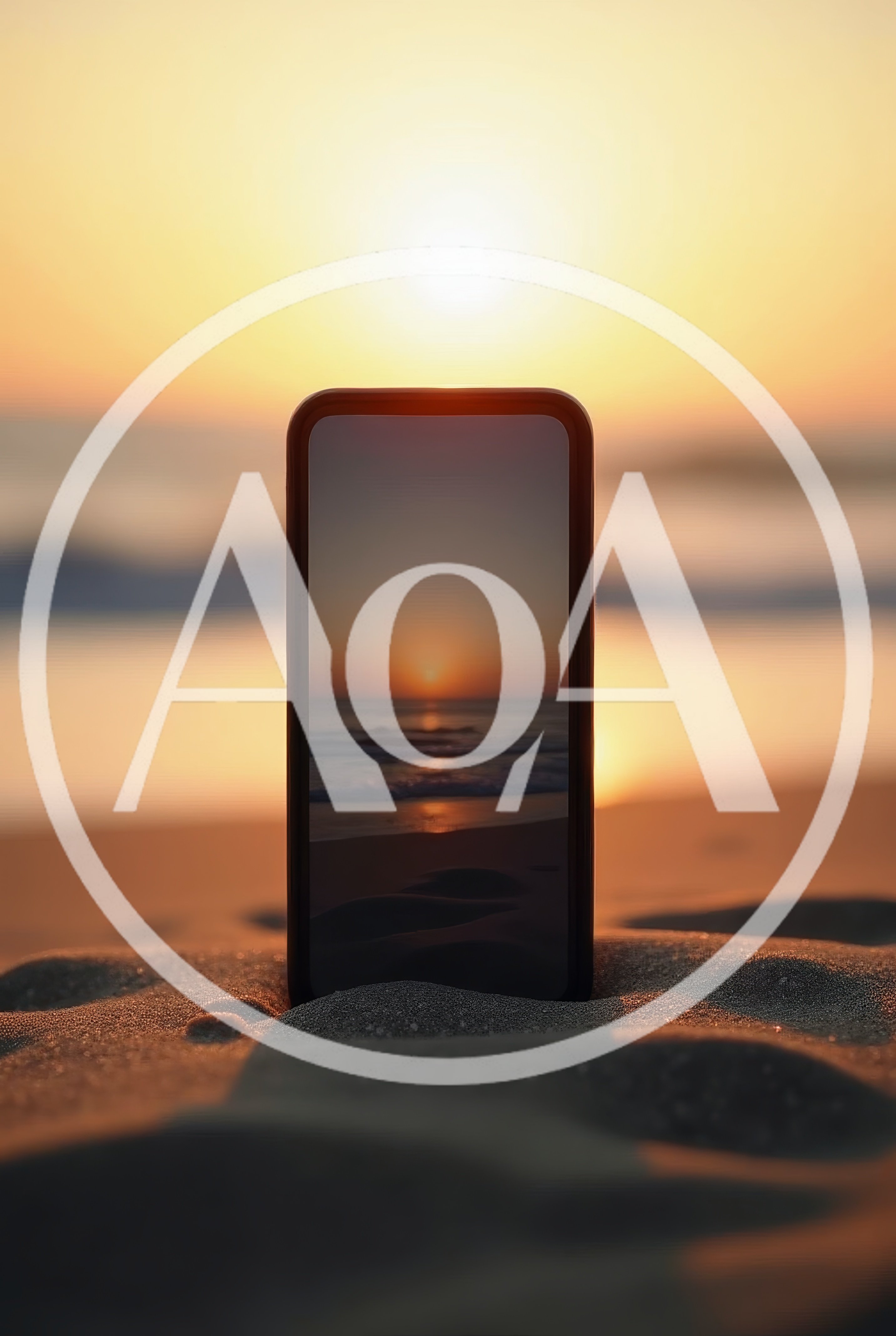 Smartphone Standing Upright On Sandy Beach At Sunset