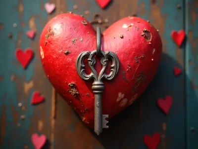 Vintage Key Hanging On A Large Red Heart