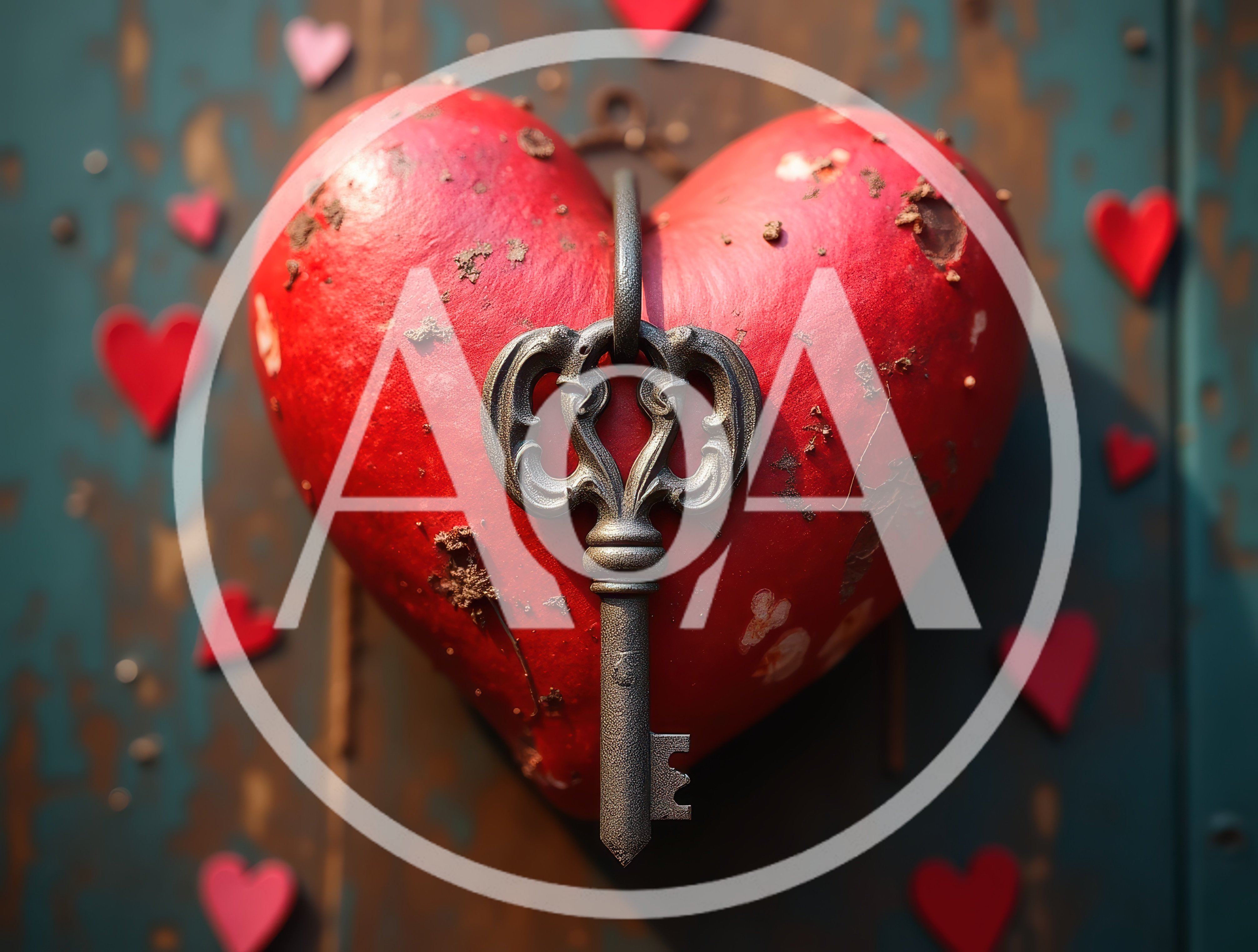 Vintage Key Hanging On A Large Red Heart