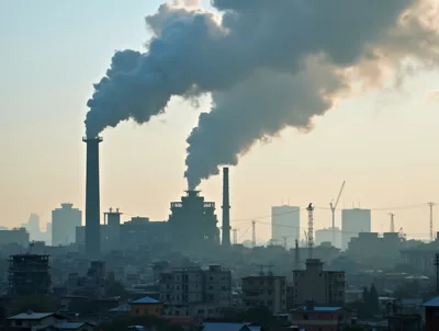 Industrial Factory Smokestacks Emitting Thick Smoke Over City