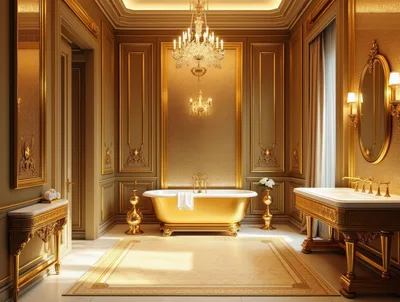 Luxurious Gold Themed Bathroom Interior With Clawfoot Bathtub