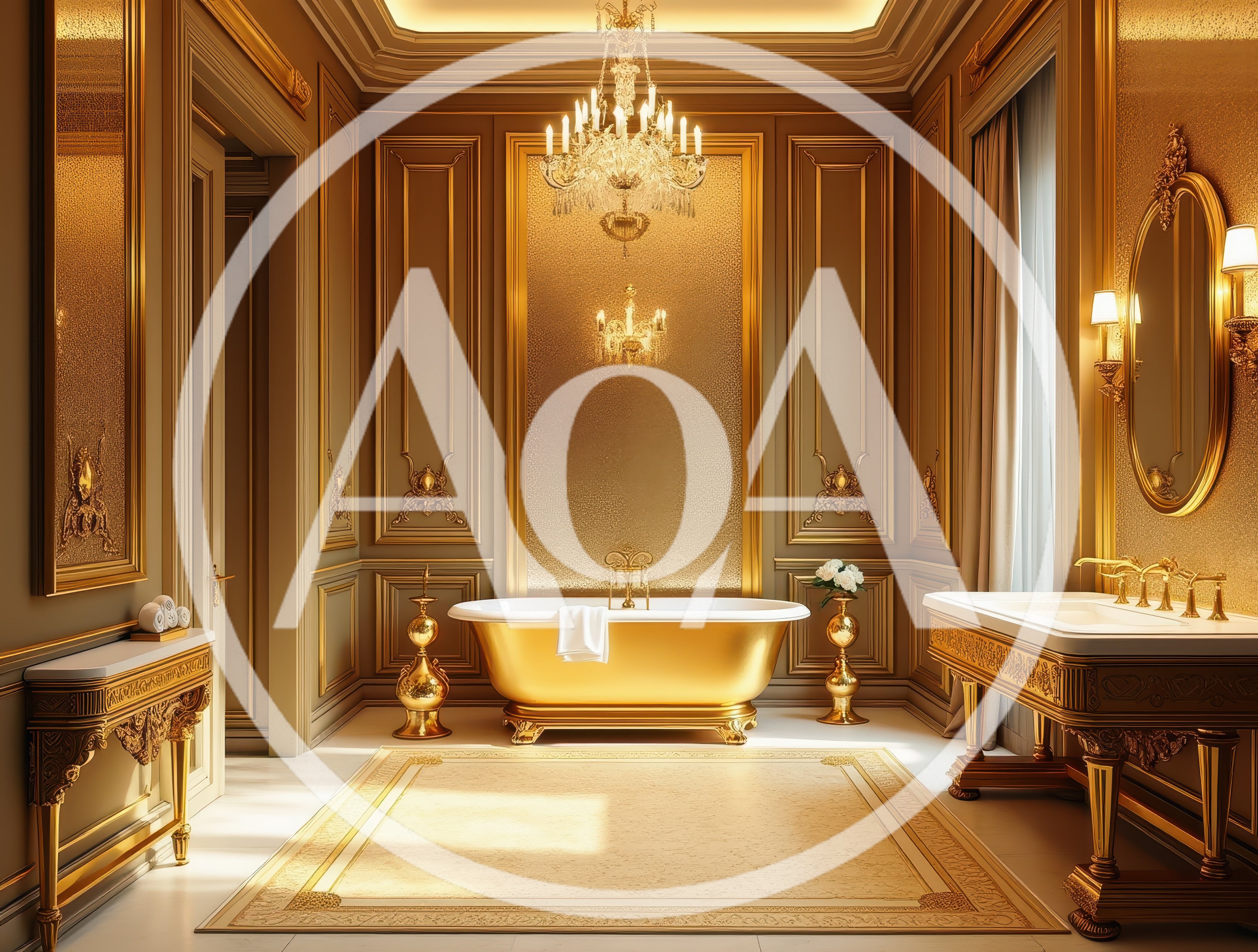 Luxurious Gold Themed Bathroom Interior With Clawfoot Bathtub