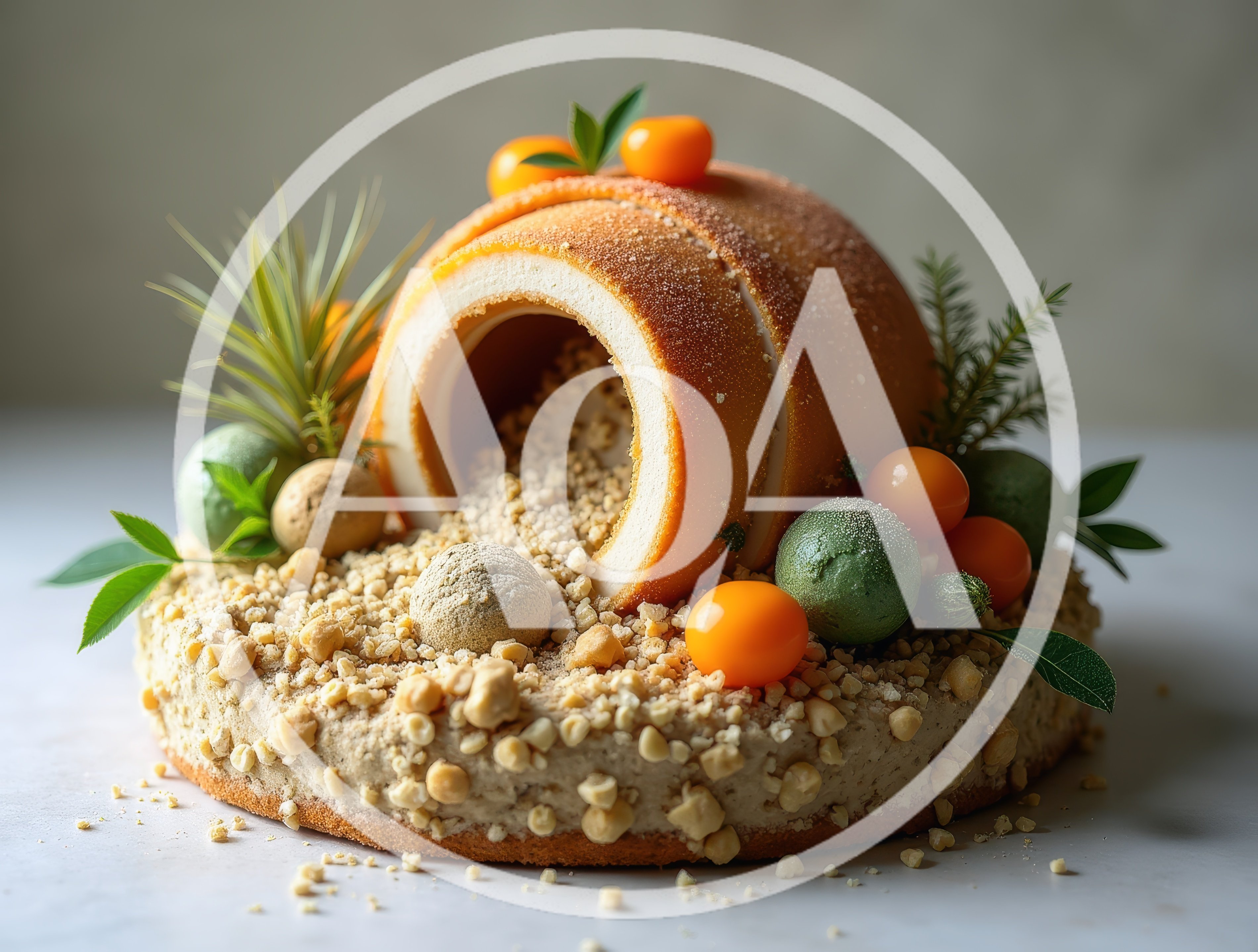Artistic Gourmet Dessert With Fruit And Nut Crumble