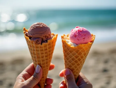 Two Ice Cream Cones Held On A Sunny Beach