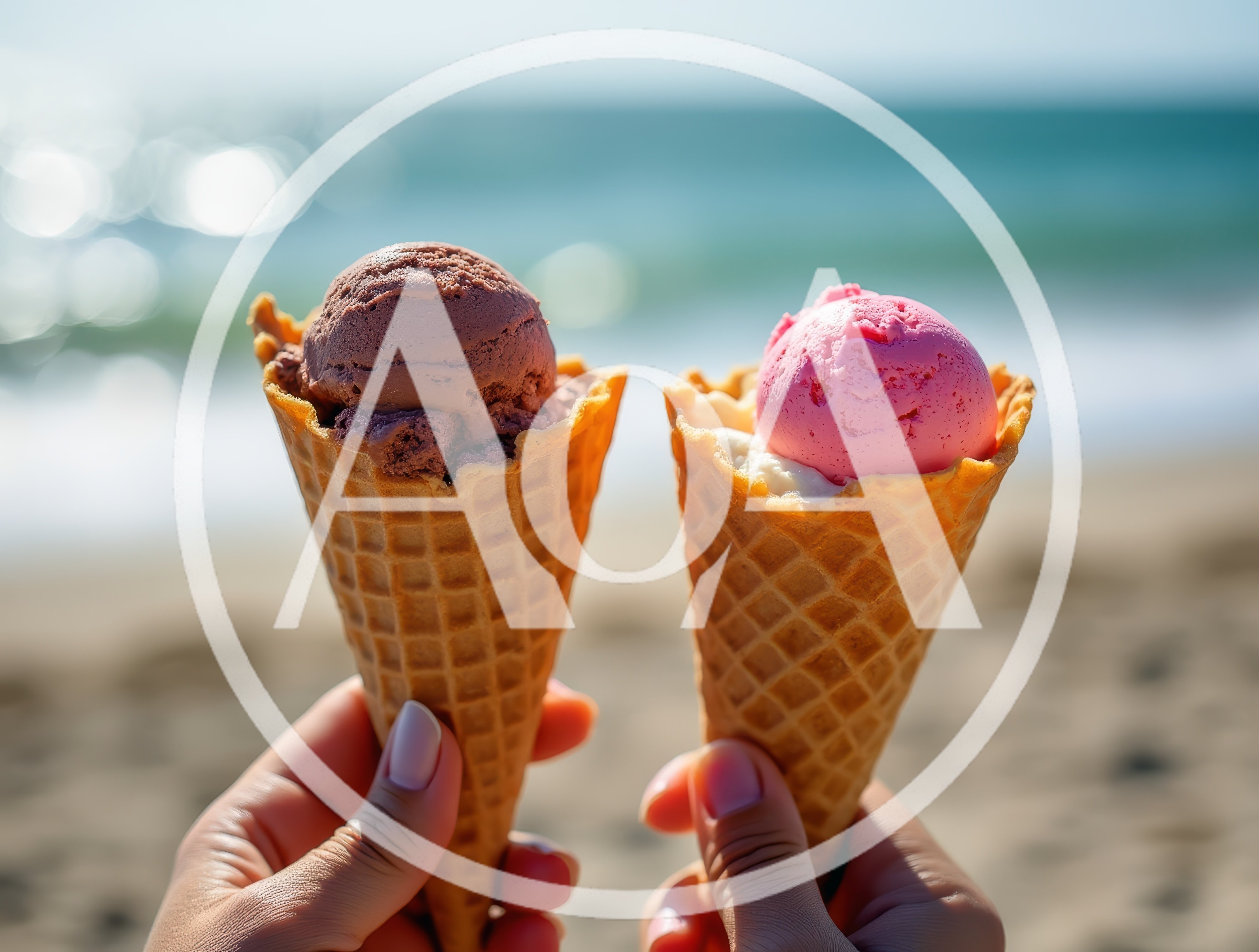 Two Ice Cream Cones Held On A Sunny Beach