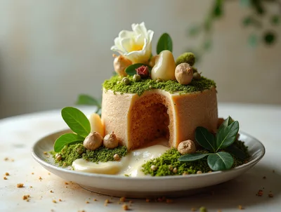 Gourmet Moss Themed Dessert Cake on Plate