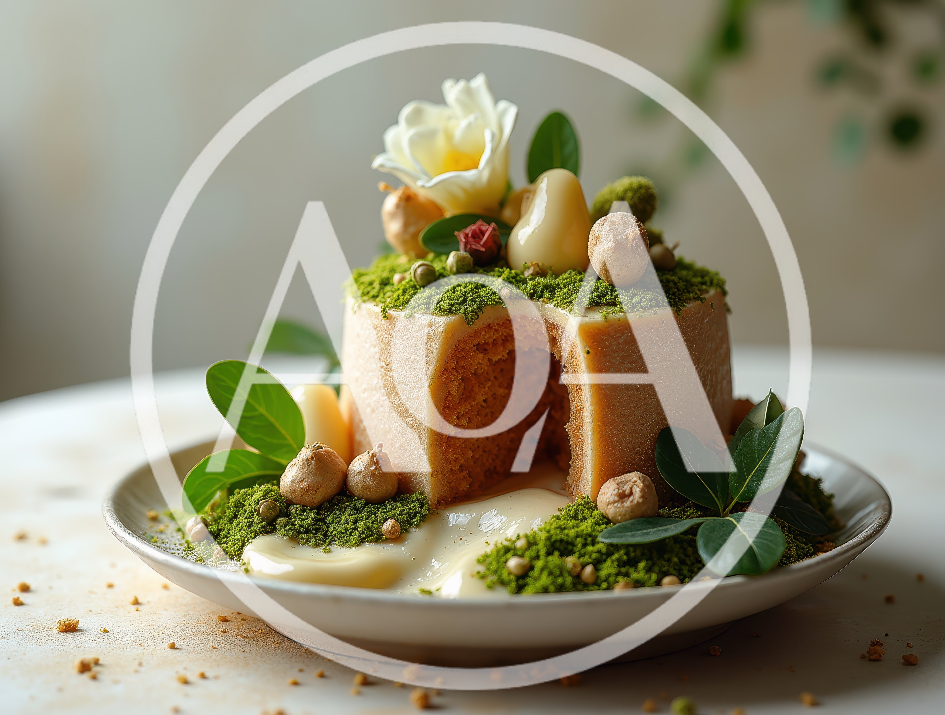 Gourmet Moss Themed Dessert Cake on Plate