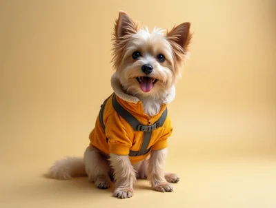 Adorable Yorkshire Terrier Wearing A Yellow Winter Jacket