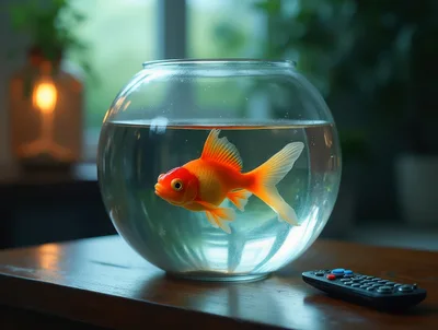Goldfish Swimming Inside A Glass Bowl On A Table