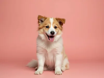 Adorable Fluffy Puppy Sitting On Pink Background
