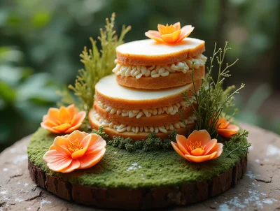 Miniature Layered Cake Decorated With Flowers And Moss