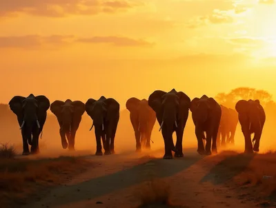 Herd of African Elephants Walking on Dusty Savannah Road