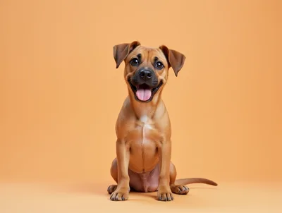 Happy Brown Puppy Sitting On Solid Orange Background