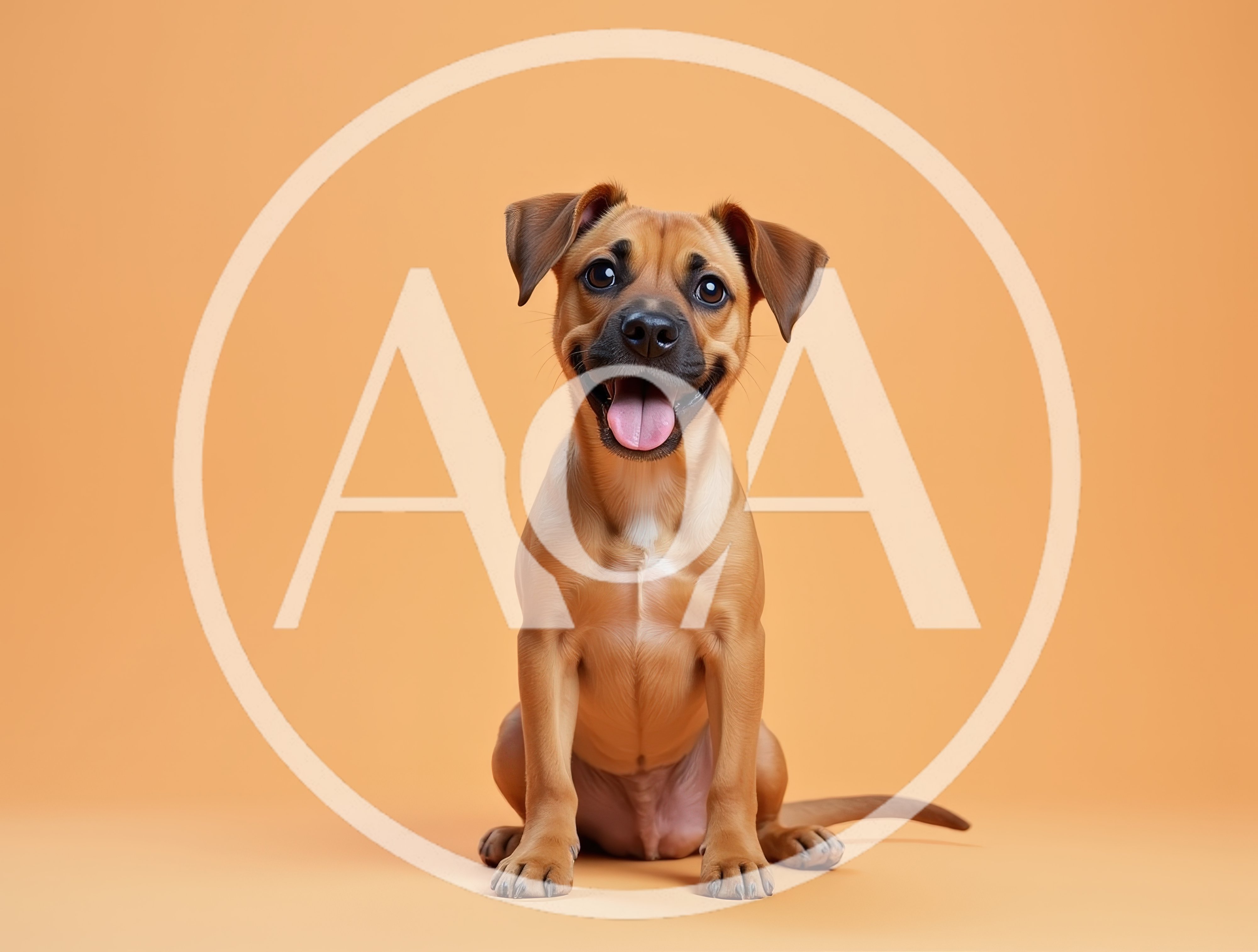 Happy Brown Puppy Sitting On Solid Orange Background