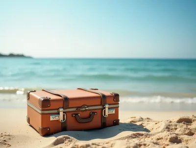 Vintage Brown Suitcase Resting On A Sandy Beach
