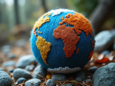 Knitted Globe Ornament Resting On Forest Floor