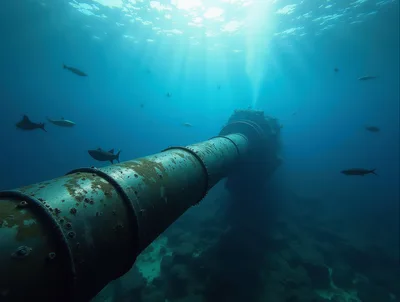 Underwater View Of A Large Submerged Industrial Pipe