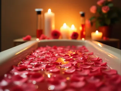 Bathtub Filled With Water And Red Rose Petals