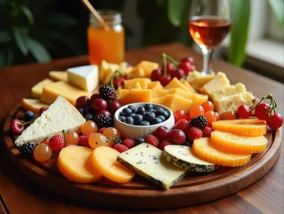Gourmet Cheese Board With Fresh Fruit And Wine