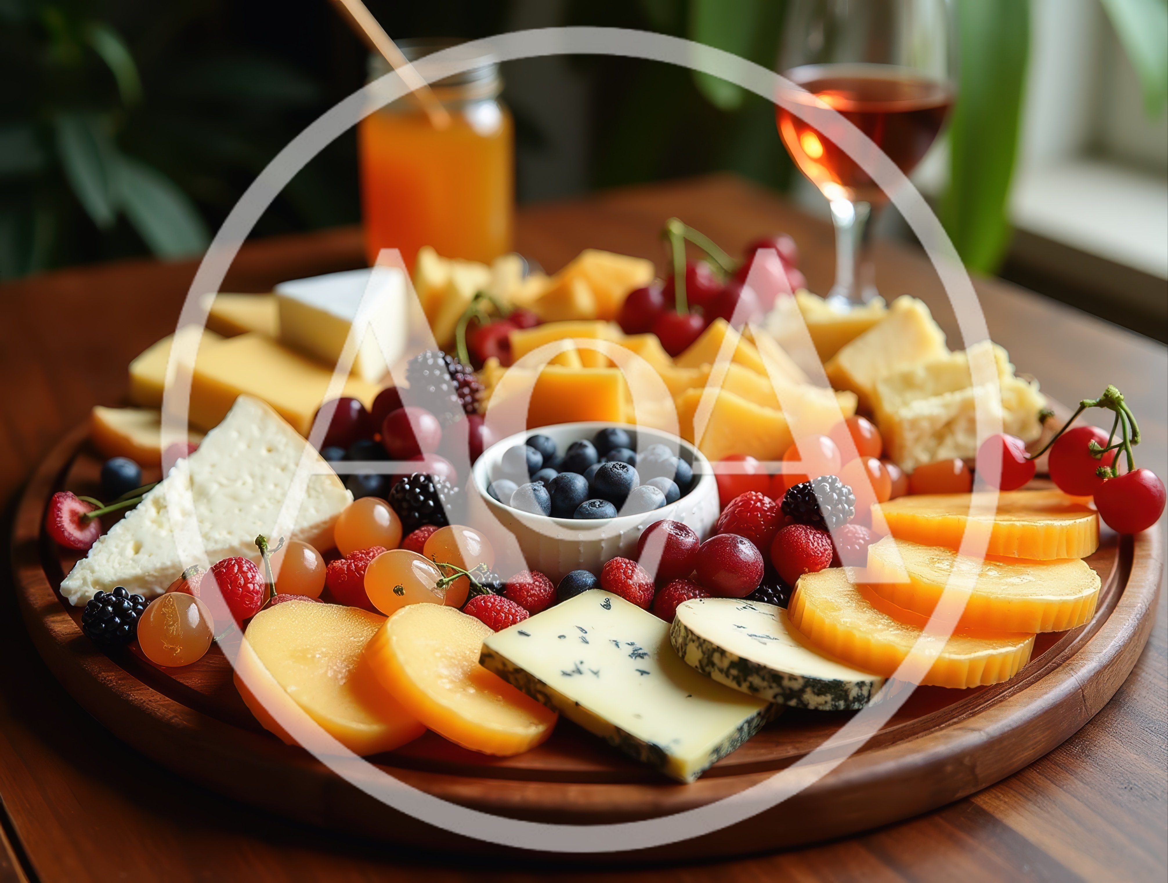 Gourmet Cheese Board With Fresh Fruit And Wine