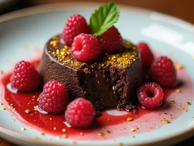 Gourmet Chocolate Lava Cake With Fresh Raspberries