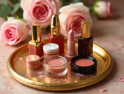 Luxury Cosmetic Products Arranged on a Golden Tray