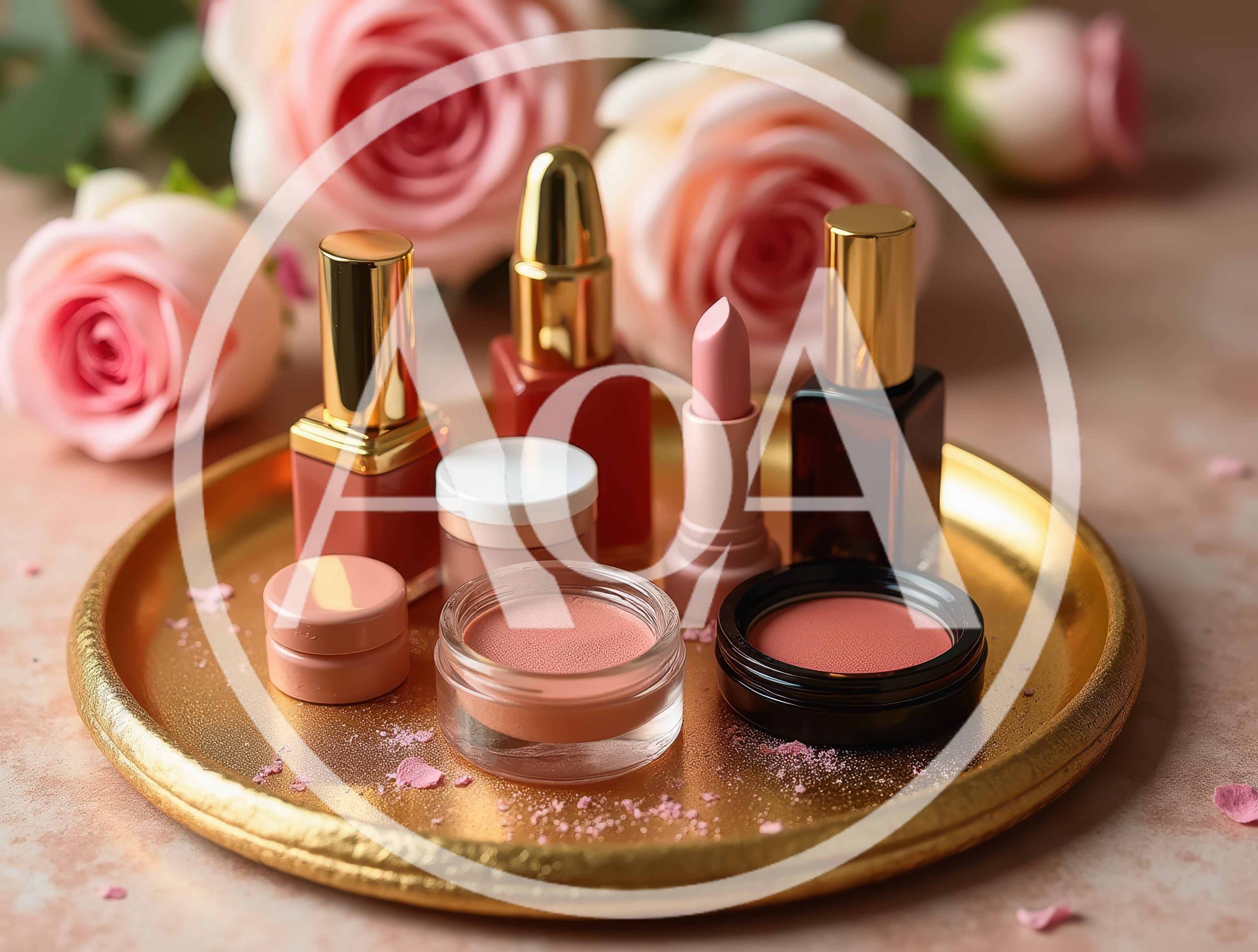 Luxury Cosmetic Products Arranged on a Golden Tray