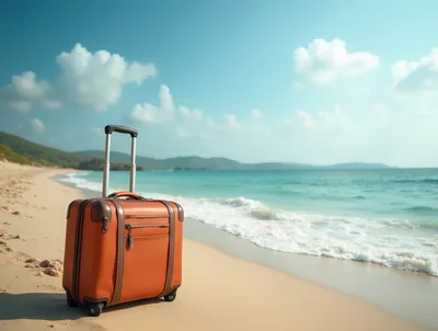 Orange Suitcase Standing on a Tropical Beach