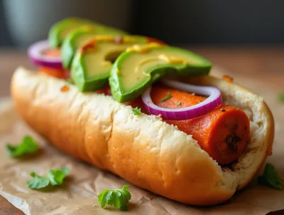 Gourmet Carrot Hot Dog With Avocado And Red Onion