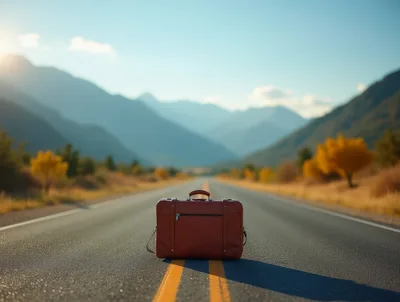 Vintage Leather Suitcase Sitting On An Empty Mountain Road