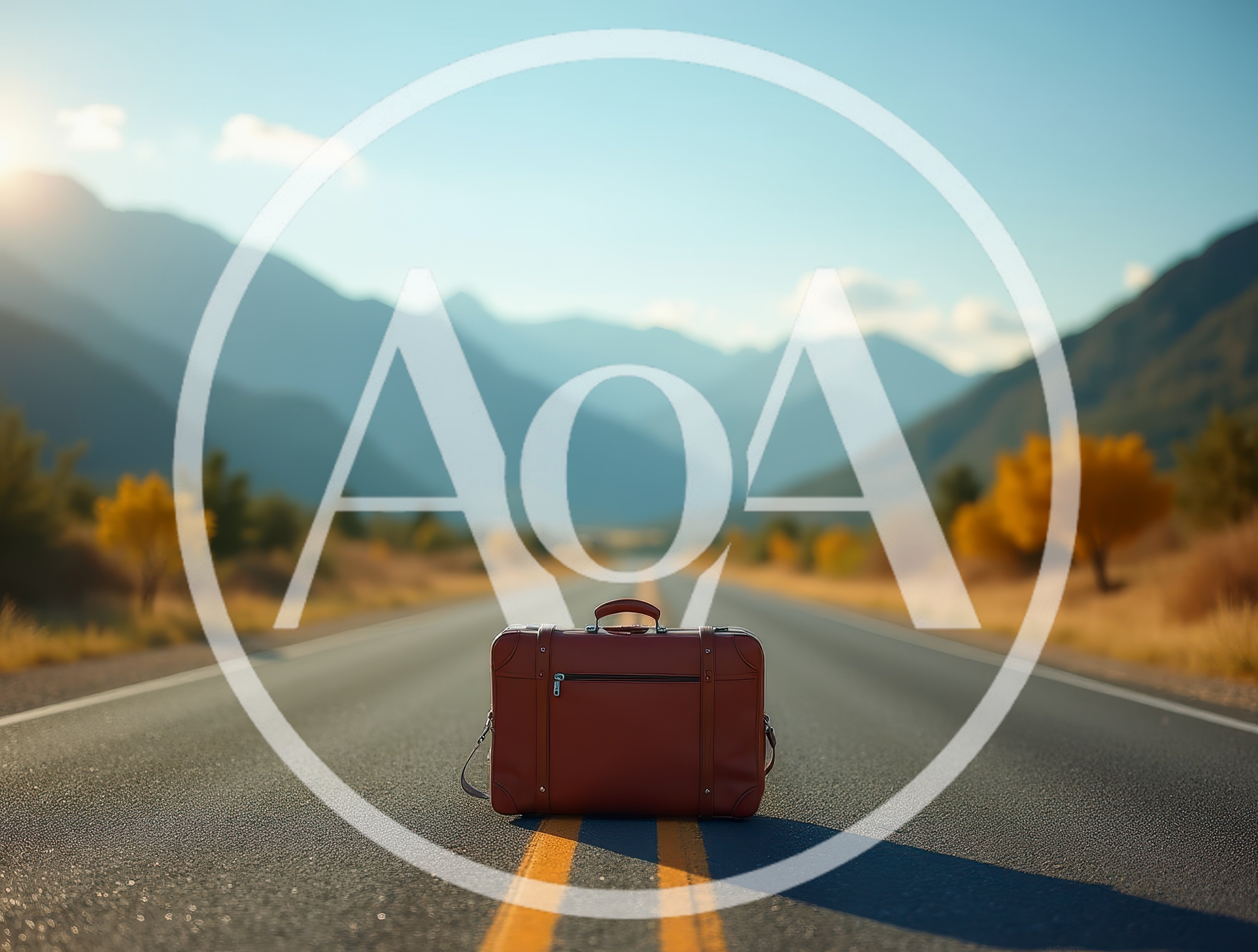 Vintage Leather Suitcase Sitting On An Empty Mountain Road