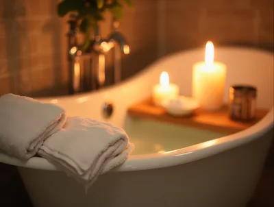 Relaxing Bathtub Scene With Candles And Towels