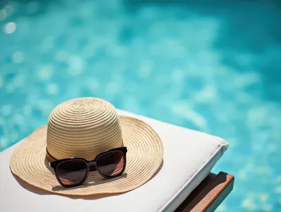 Straw Hat and Sunglasses on Poolside Lounge Chair
