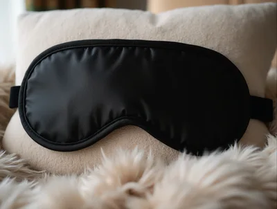 Black Silk Sleep Mask Resting On A Fluffy Pillow