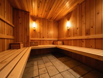 Empty Wooden Sauna Room With Stone Floor