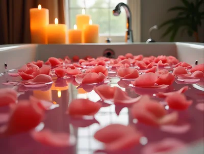 Bathtub Filled With Pink Water And Rose Petals