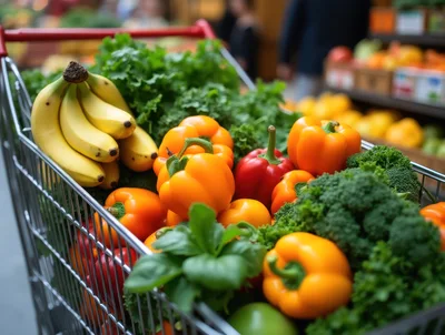 Fresh Produce In A Grocery Store Shopping Cart