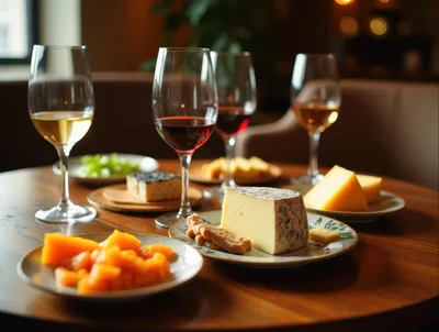 Wine Tasting With Assorted Cheeses On A Wooden Table