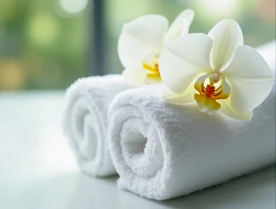 White Spa Towels With Orchid Flowers