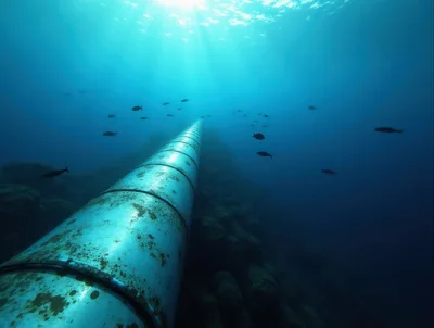 Underwater View Of A Large Submerged Industrial Pipeline