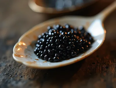 Close Up Of Black Caviar On A Decorative Spoon