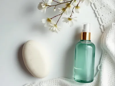 Skincare Products With White Flowers And Fabric