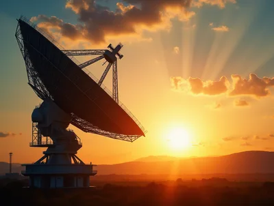 Large Radio Telescope Dish At Sunset