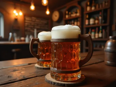 Two Frothy Beer Mugs On A Wooden Tavern Table