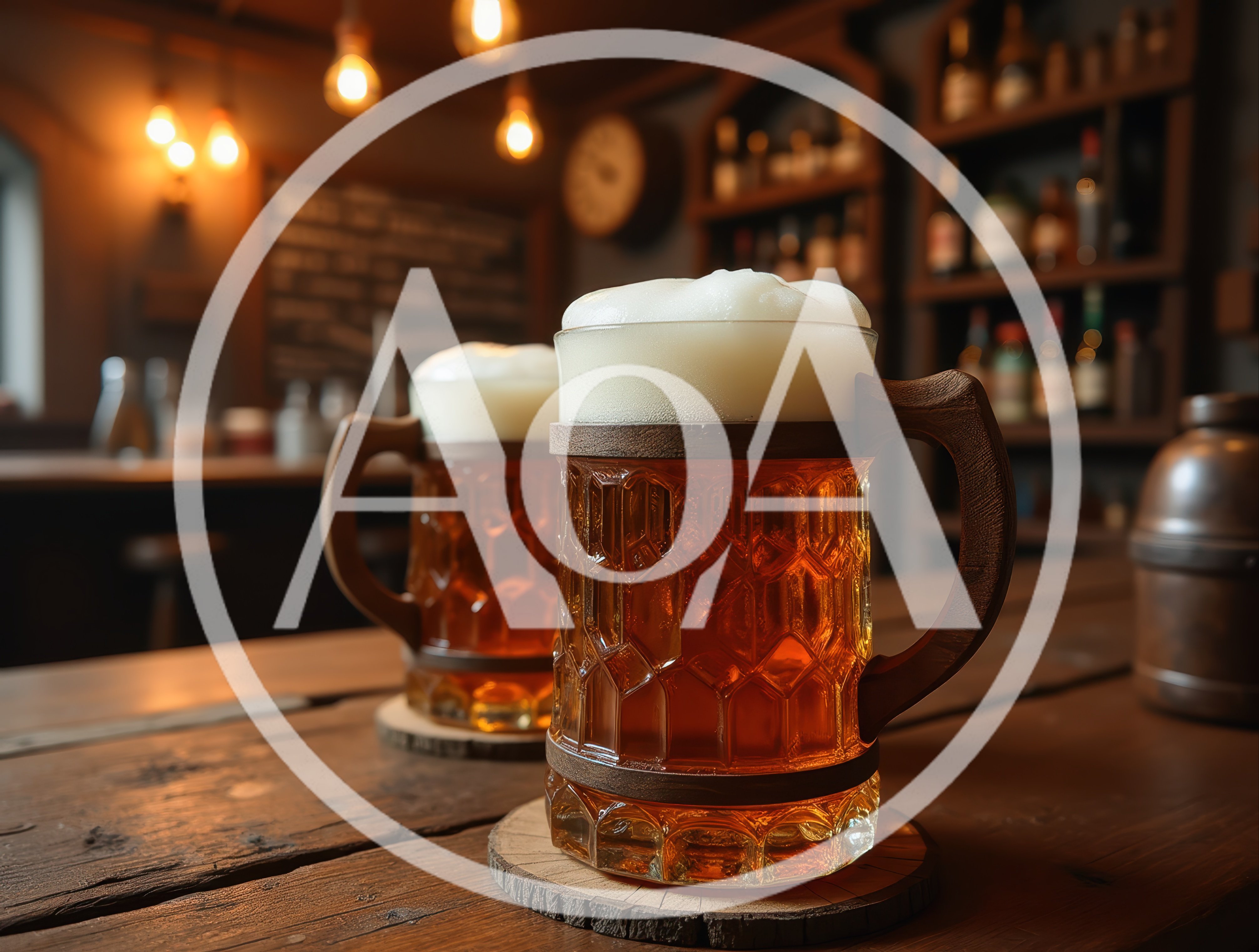 Two Frothy Beer Mugs On A Wooden Tavern Table
