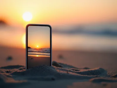 Smartphone Standing In Sand On Beach At Sunset